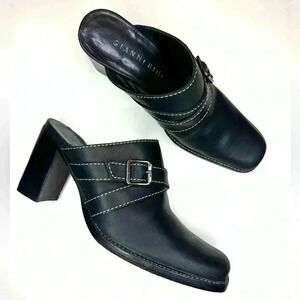 Gianni Bini Womens Leather Mules Black Buckle accnt Block heel Sz 7.5M